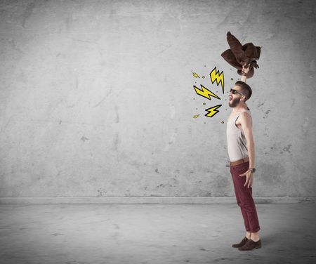 An angry hipster guy in casual clothes shouting heavily with drawn thunder sign illustration concept