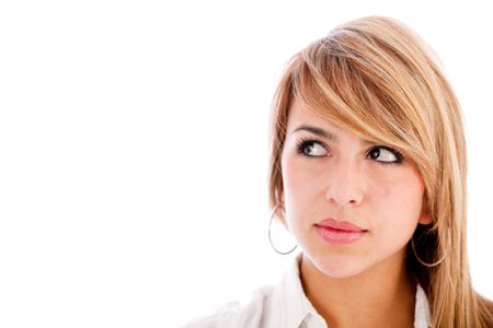 Thoughtful woman looking up - isolated over a white background