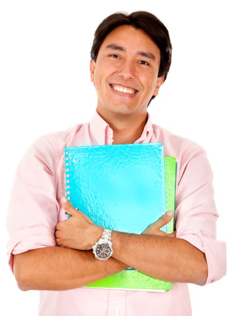 Male student holding a notebook - isolated over white