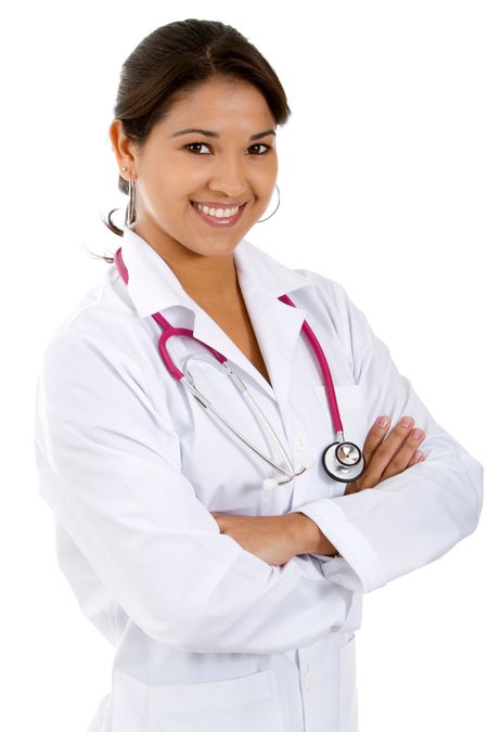 Female doctor with stethoscope - isolated over white