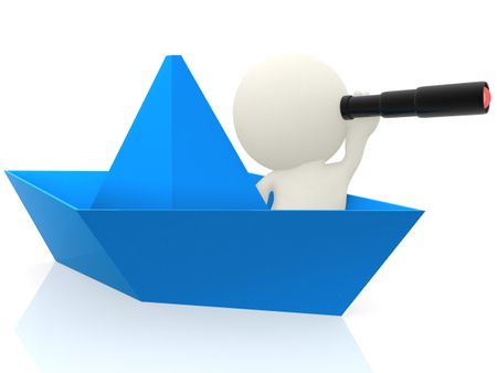 3D sailor on a paper ship with a telescope - isolated over white