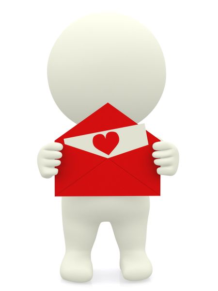 3D guy with a love letter in a red envelope - isolated over white