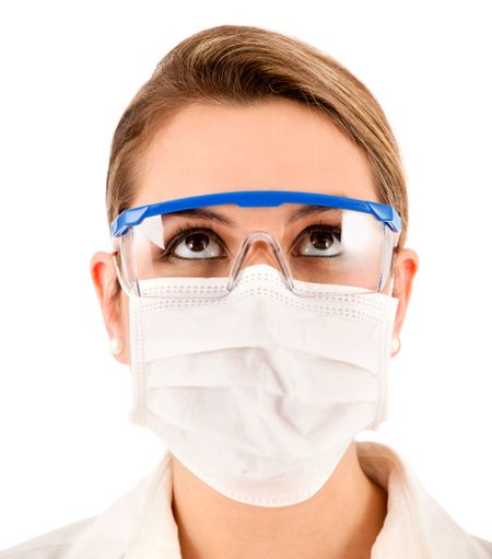 Female chemist using glasses and facemask - isolated over a white background