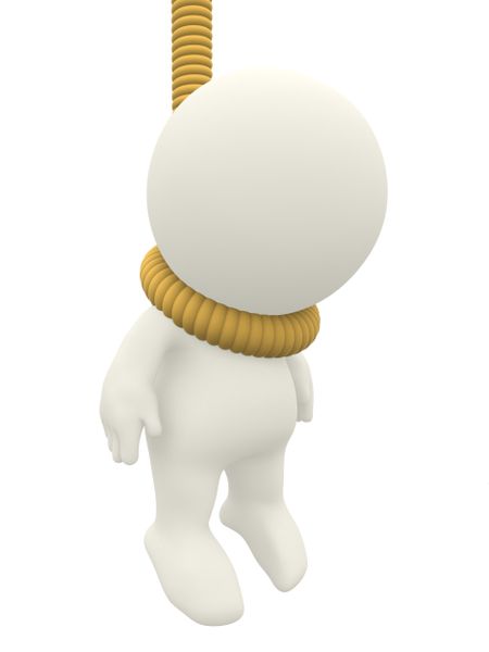 3D man hanging himself with a rope - isolated over white