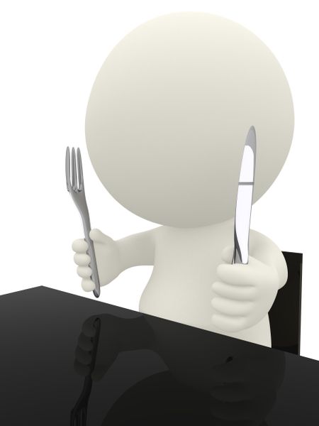 3D guy sitting at the table ready to eat - isolated over white