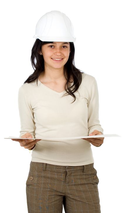 female architect carrying her project  in her hands isolated over a white background