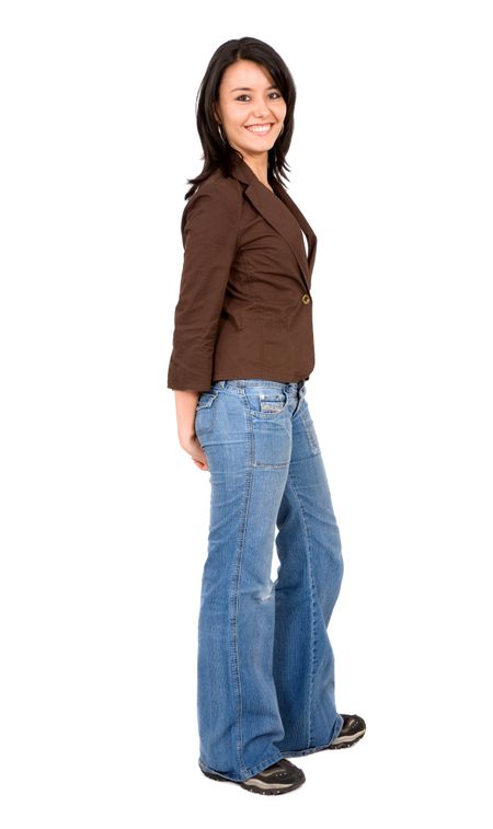 casual girl standing up over a white background