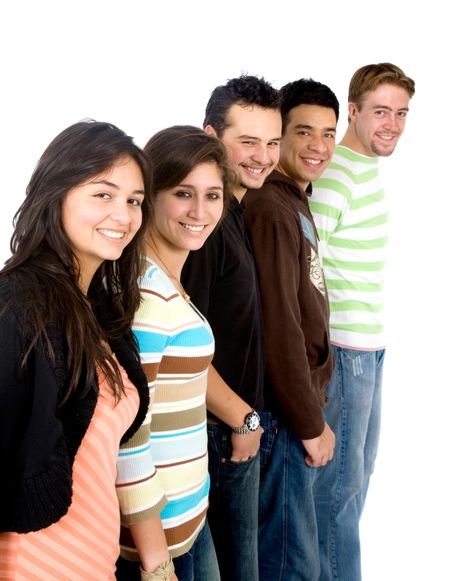 casual group of casual students smiling - isolated over a white background