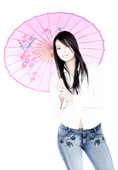 casual girl with a pink umbrella isolated over a white background - high key