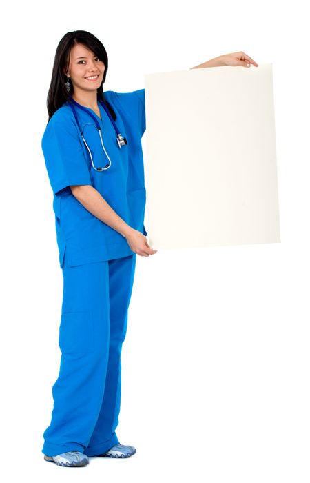 female nurse holding and displaying a white card isolated