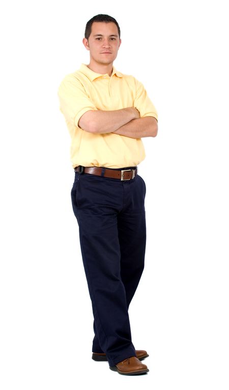 Casual friendly man in yellow and blue standing – isolated over a white background