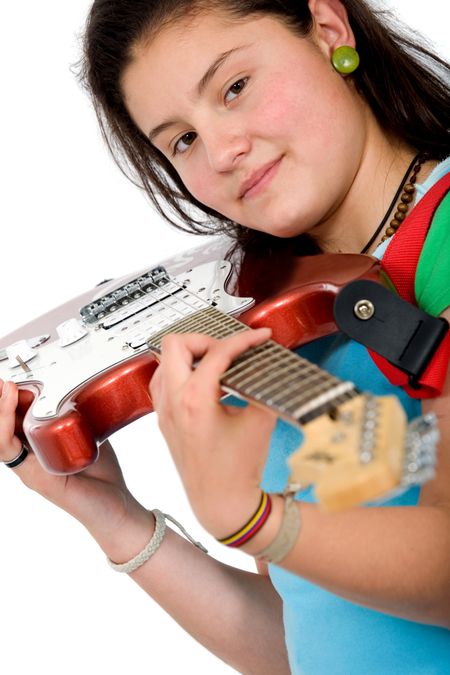 girl holding an electric red guitar over a white background