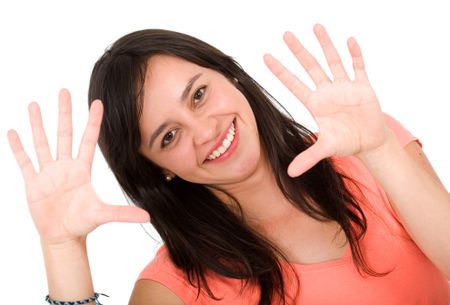 girl doing a handframe isolated over a white background