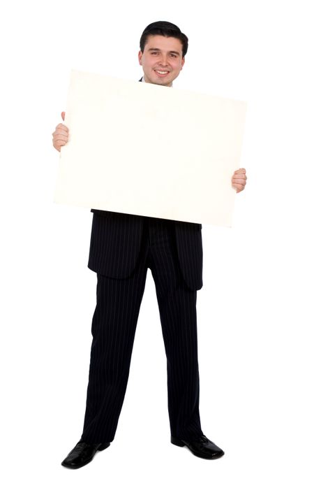 business man holding a banner add isolated over a white background