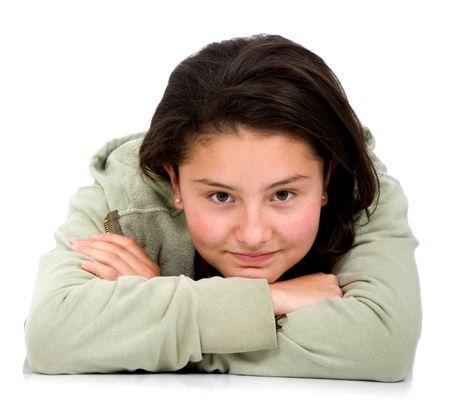 Casual girl portrait on the floor isolated over a white background