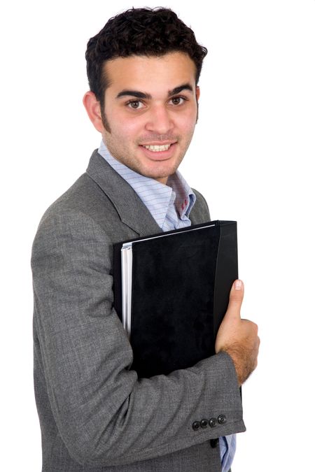confident business man portrait holding a folder - isolated over a white background