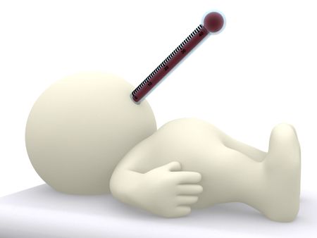 3D sick guy with high fever - isolated over white