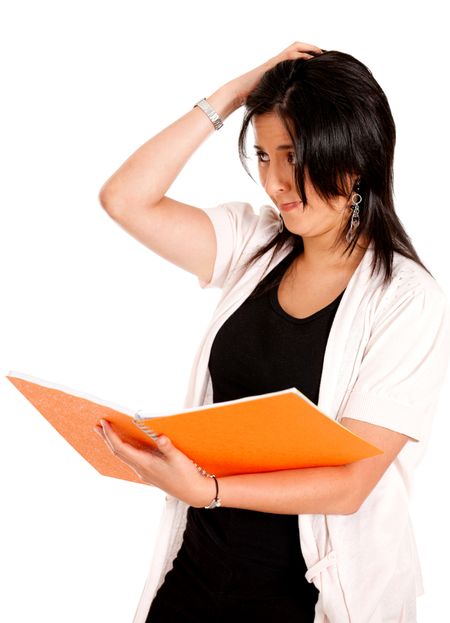 Frustrated female student holding a book - isolated