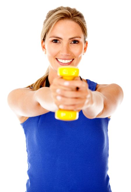 Woman exercising with free-weights isolated over a white background