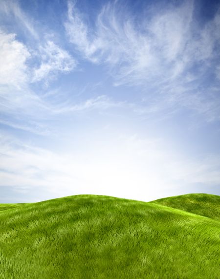 Beautiful landscape with a green hill and the sky on the background