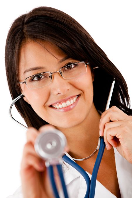 Friendly female doctor with a stethoscope - isolated over white