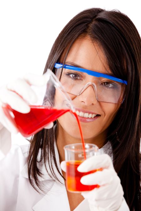 Female chemist using test tubes - isolated over a white background