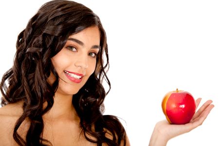Healthy eating woman holding a red apple - isolated over white