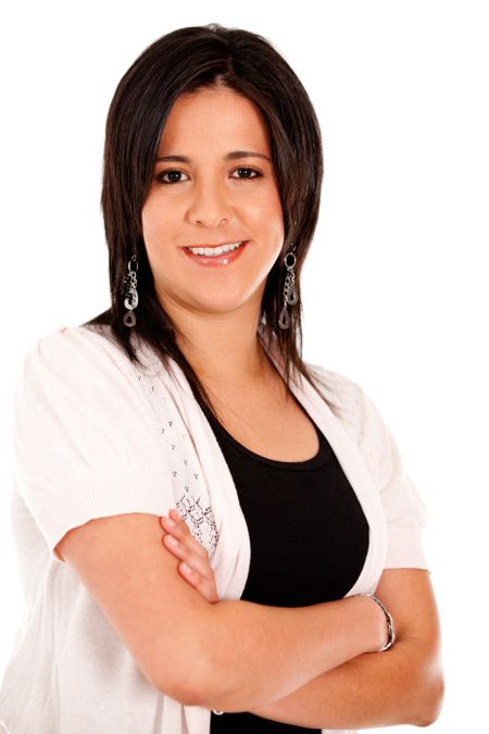 Confident woman smiling - isolated over a white background