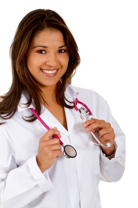 Friendly female doctor smiling - isolated over white