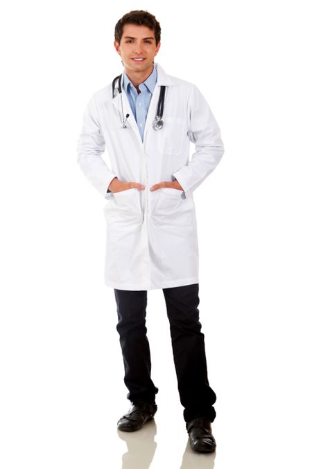 Friendly male doctor smiling - isolated over a white background