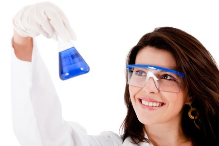 Female chemist using test tubes - isolated over a white background