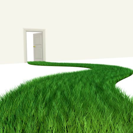 3D green path leading to a door - isolated
