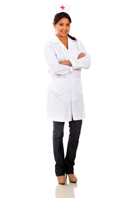 Nurse with an old style hat smiling - isolated over white