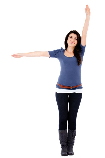 Happy woman with arms up - isolated over white