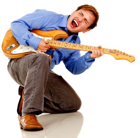 Male guitar player - isolated over a white background