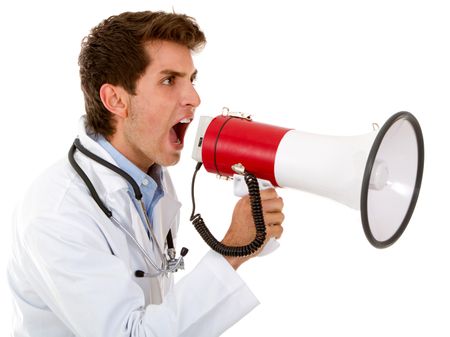 Male doctor shouting on a megaphone - isolated over white