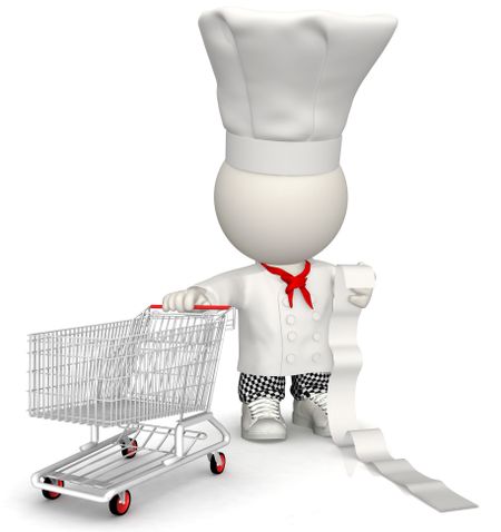 3D chef shopping with a cart and a list - isolated