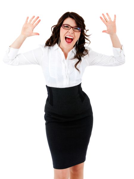 Beautiful business woman looking surprised - isolated over white