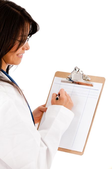 Female doctor writing on a clipboard - isolated over white