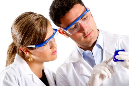 Chemists using test tubes - isolated over a white background