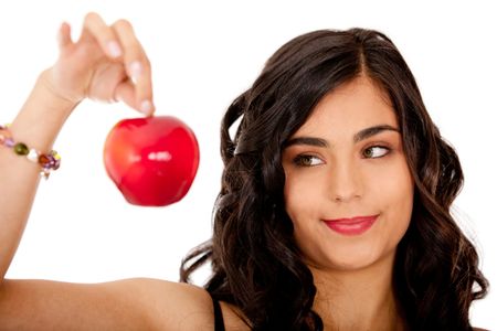 Healthy eating woman holding a red apple - isolated over white