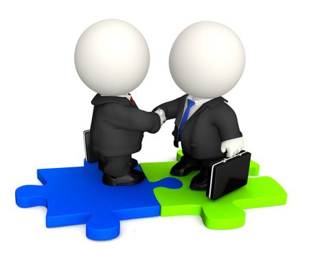 3D Business man handshaking and standing on a puzzle - isolated