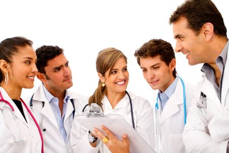 Friendly group of doctors isolated over a white background