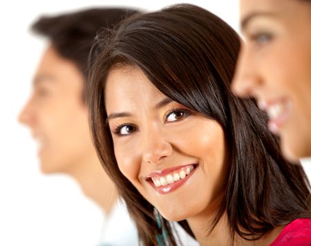 Woman in a line of people smiling - isolated over white