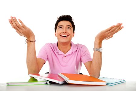Male student with notebooks - isolated over a white backgound