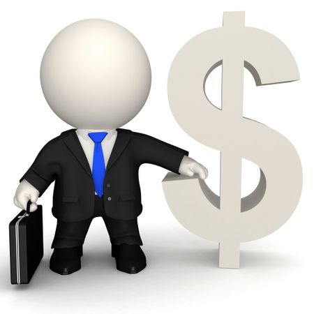 3D business man with a dollar sign - isolated over a white background
