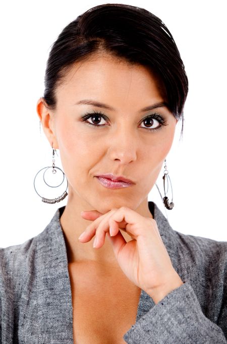 Skeptical business woman - isolated over white