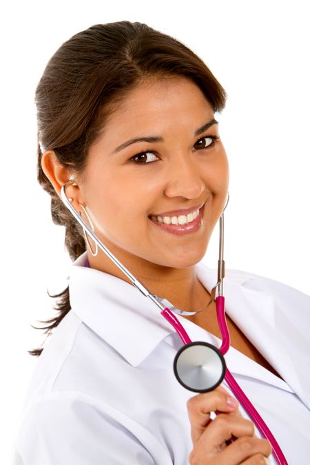 Female doctor with a stethoscope - isolated over a white background