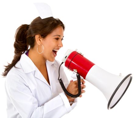 Female nurse shouting on a megaphone - isolated over white
