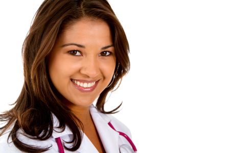 Friendly female doctor smiling - isolated over white